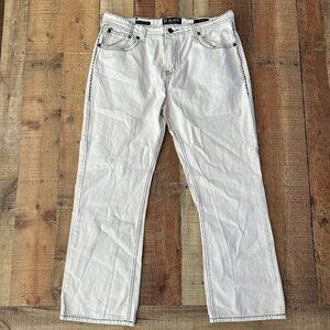 Black premium denim white jeans with black stiching relaxed slim straight 38x32